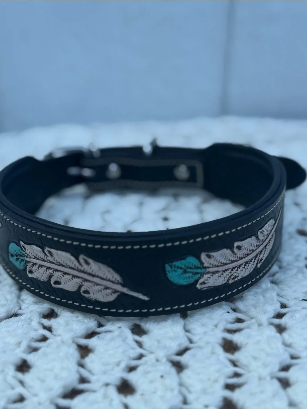 Leather dog collar Feather Embroidered Belt - Black